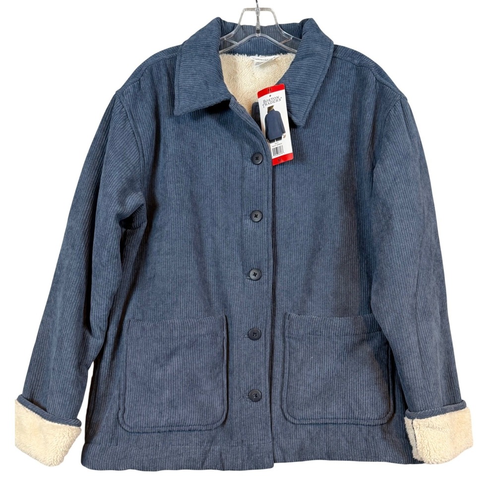 Boston Traders Women Navy Blue Corduroy Sherpa Lined Shacket Jacket •M• Fall NEW